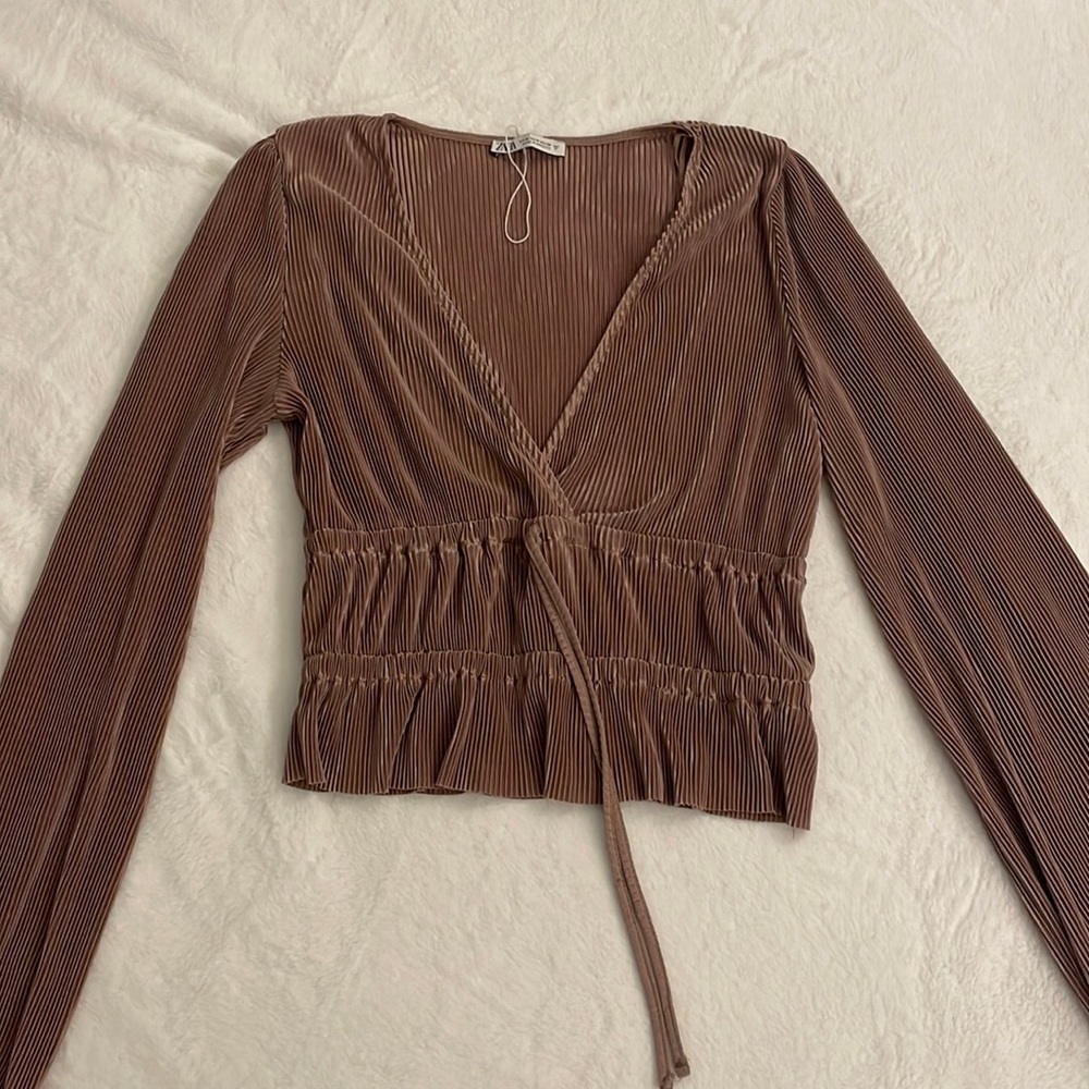 Zara ribbed long sleeve top in Beige